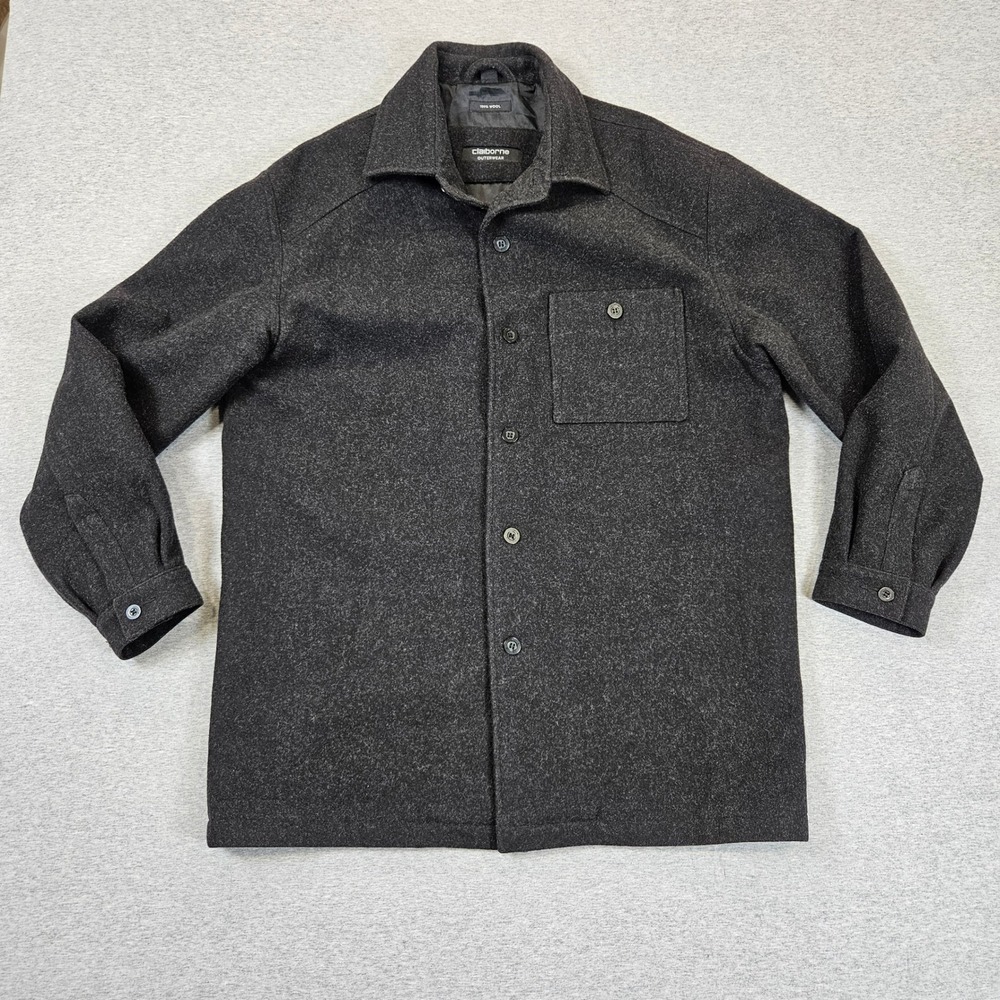 Claiborne Outwear Mens 100% Wool Shirt Jacket Charcoal Gray Button Front Large